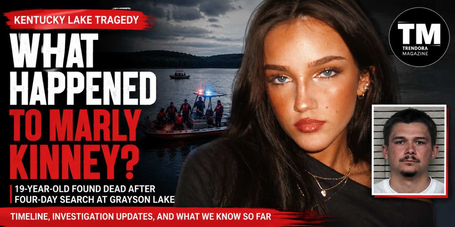 Marly Kinney featured in a news graphic about the four-day search at Kentucky's Grayson Lake and the ongoing investigation into her death.