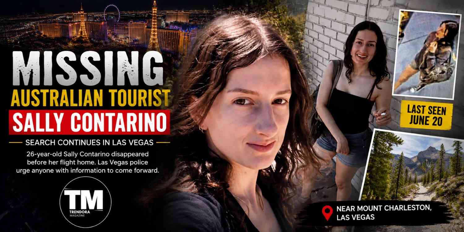 Feature image of missing Australian tourist Sally Contarino, showing her portrait, last known surveillance image, and Las Vegas search locations as authorities continue investigating her disappearance.