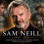 Memorial tribute collage of Sam Neill featuring his younger and older years alongside iconic film-inspired adventure and dinosaur scenes, honoring the legendary Jurassic Park actor (1947–2026).