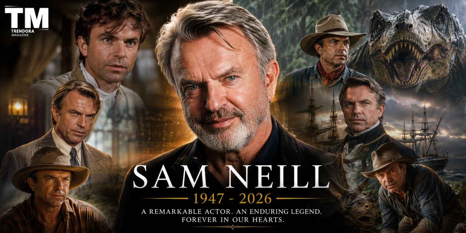 Memorial tribute collage of Sam Neill featuring his younger and older years alongside iconic film-inspired adventure and dinosaur scenes, honoring the legendary Jurassic Park actor (1947–2026).