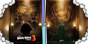 The Angry Birds Movie 3 Boomsday teaser poster featuring Bomb standing before a tribute to Mighty Eagle.